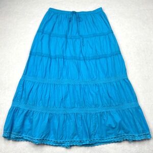 ICI Turquoise Blue Cotton Tiered Maxi‎ Skirt Crochet Lace Trim Plus Size 1X Boho